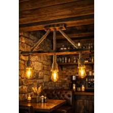 Auro Home Jüt Halatlı Ahşap 3’lü Sarkıt Avize – Doğal Ahşap Kiriş Tasarım, Vintage Rustik Ampullü Salon & Mutfak Aydınlatma