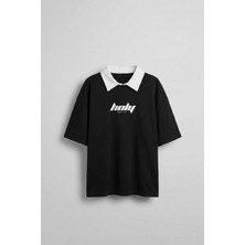 Abluka Online Erkek Oversize Polo Yaka Dokulu Esnek Rahat Baskılı T-Shirt Siyah