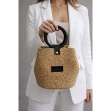 Sarda Şık Kadın Hasır El Çantası Siyah Halka Saplı