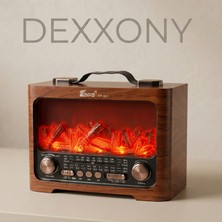 Dexxony D821 Şömine Efektli Nostaljik Ahşap Radyo - Şarjlı Taşınabilir Bluetooth Hoparlör, Fm/am/sw