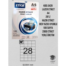 3428 Lazer Etiket A4 28'li Hazır Etiket Her Yazıcı Uyumlu 100 Sayfa 2800 Etiket Yerli Üretim