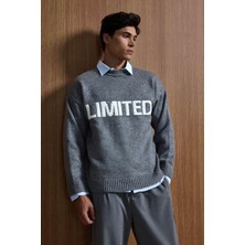 Abluka Online Erkek Oversize Limited Kabartma Baskılı Triko Kazak Füme