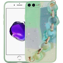 Gezgin iPhone 8 Plus Uyumlu Simli Desenli El Askılı Tutacaklı Gzgn Elsa Silikon Kapak-Yeşil