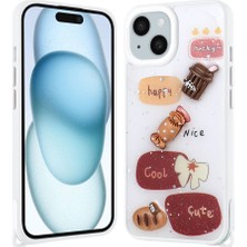 Gezgin Apple iPhone 15 Kılıf Parlayan Sıvılı Simli Kabartma Figürlü Gzgn Cevze Kapak-Beyaz