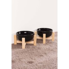 Özgürce Ahşap Standlı Seramik Kedi Köpek Mama ve Su Kabı Seti (2'li)