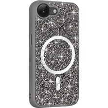 Gezgin iPhone 16E Kılıf Pırlanta Tasarımlı M-Safe Şarj Özellikli Gzgn Mozaik Silikon Kapak - Titanyum-Gri