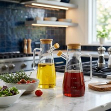 Unbranded Ubranded Lüks Seri- 2'li 900 ml Borosilikat Cam & Vakumlu Bambu Kapaklı Yağdanlık