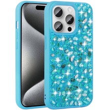 Gezgin Apple iPhone 15 Pro Max Kılıf Parlak Taşlı Tasarım Gzgn Linea Diamond Kapak-Mavi Açık