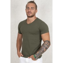 Rizzup Erkek Haki V Yaka Likralı Dar Kesim Basic Düz Tişört 1801165