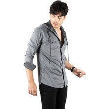 Rizzup Erkek Füme Kapüşonlu Slim Fit Dar Kesim Gömlek Likralı Pamuklu Likralı Kot Gömlek 2300396