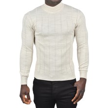 Rizzup Erkek Bej Slim Fit Likralı Tüylenme Yapmayan Yarım Balıkçı Çizgili Triko Yarım Boğazlı Kazak 2505503