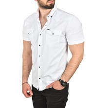 Rizzup Erkek Beyaz Slim Fit Pamuklu Likralı Kısa Kol Gömlek Kolay Ütülenebilir Çıt Çıtlı Cepli Spor Gömlek 2400253