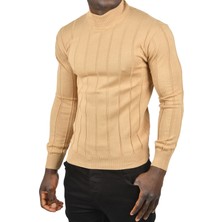 Rizzup Erkek Camel Slim Fit Likralı Tüylenme Yapmayan Yarım Balıkçı Çizgili Triko Yarım Boğazlı Kazak 2505503