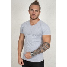 Rizzup Erkek Gri V Yaka Likralı Dar Kesim Basic Düz Tişört 1801165