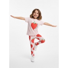 Pini Co Kız Çocuk Pembe Çilek Baskılı T-Shirt ve Çilek Desenli Tayt Ikili Takım