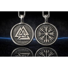 Paslanmaz Çelik Antik Gümüş Renk Çift Taraflı Viking Mitolojisi  Vegvisir Valknut Viking Kolye
