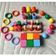 Moccotoys Montessori Ahşap Eğitici Oyuncak 6 Renk Eşleştirme Seti | Silindir Halka Peg Bebek Kase Küp | 30 Prç