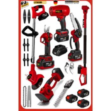 Staxx Power Red 6-1 Süper Bahçe Bakım 3x Aküteleskopik Budama-Makas Çit Kesme Hava Üfleme Ot Biçme Tırpanı Set