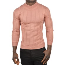 Rizzup Erkek Gülkurusu Slim Fit Likralı Tüylenme Yapmayan Yarım Balıkçı Çizgili Triko Yarım Boğazlı Kazak 2505503