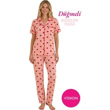 Bie's Kadın Pembe Kalp Desenli Önden Düğme Gömlek Yaka Saten Biyeli Göğüs Cepli Viskon Kısa Kol Pijama Takımı