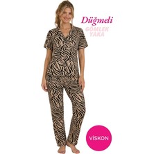Bie's Kadın Zebra Desenli Önden Düğme Gömlek Yaka Saten Biyeli Göğüs Cepli Viskon Kısa Kol Pijama Takımı