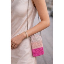 Kaya ve Demir El Yapımı Kristal ( Cam ) Boncuklu Mini Çanta – Pembe Degrade (Ombre)