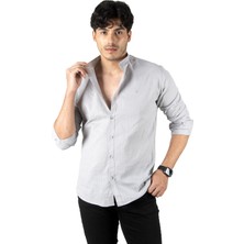 Rizzup Erkek Gri Slim Fit Dar Kesim Keten Gömlek Hakim Yaka Pamuklu Keten Spor Gömlek 2201895