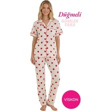 Bie's Kadın Beyaz Kalp Desenli Önden Düğme Gömlek Yaka Saten Biyeli Göğüs Cepli Viskon Kısa Kol Pijama Takımı