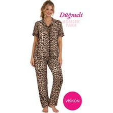 Bie's Kadın Leopar Desenli Önden Düğme Gömlek Yaka Saten Biyeli Göğüs Cepli Viskon Kısa Kol Pijama Takımı