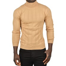 Rizzup Erkek Camel Slim Fit Likralı Tam Balıkçı Yaka Çizgili Boğazlı Kazak 2505504