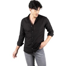 Rizzup Erkek Siyah Slim Fit Dar Kesim Keten Gömlek Hakim Yaka Pamuklu Keten Spor Gömlek 2201895