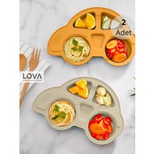 Özgürce 4 Bölmeli Arabalı Bebek Mama Tabağı, Krem ve Turuncu, 2'li Set