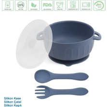 Özgürce Vakumlu Silikon Mama Kasesi Seti, Kaşık ve Çatal Dahil, Lacivert