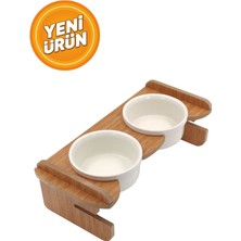 Özgürce Ayarlanabilir Seramik Kaseli Ahşap Standlı Mama ve Su Kabı