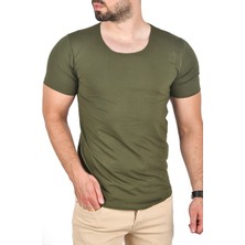 Rizzup Erkek Haki Geniş Yaka Likralı Tişört Oval Yaka Slim Fit Eteği Oval Açık Yaka T-Shirt 1801199