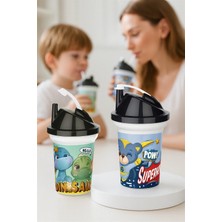 Creatividad Solutions Çocuk Pipetli Bardak Seti 2'li Dinozor & Süper Kahraman Ikili Eğlenceli Kapaklı Suluk Matara 300 ml 722550