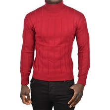 Rizzup Erkek Bordo Slim Fit Likralı Tam Balıkçı Yaka Çizgili Boğazlı Kazak 2505504