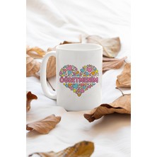 Kalpli Öğretmen Kupa Bardak, Öğretmenler Günü Hediyesi, Renkli Kalp Desenli Seramik Hediye Kupa