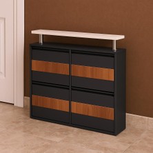 Moemi Tablalı (2+ 2) 4'lü Metal Ayakkabılık-Antrasit-Ceviz Ahşap Kaplamalı