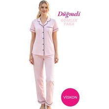 Seamlife Kadın Pembe-Beyaz Çizgi Desenli Önden Düğme Gömlek Yaka Saten Biyeli Göğüs Cepli Viskon Kısa Kol Pijama Takımı