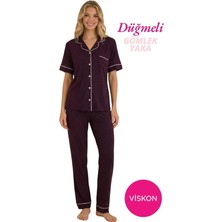 Bie's Kadın Mürdüm Önden Düğme Gömlek Yaka Saten Biyeli Göğüs Cepli Viskon Kısa Kol Pijama Takımı