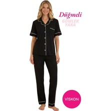 Bie's Kadın Siyah Önden Düğme Gömlek Yaka Saten Biyeli Göğüs Cepli Viskon Kısa Kol Pijama Takımı