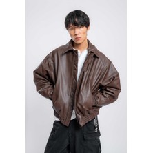 Abluka Online Erkek Oversize Fermuarlı Basic Deri Mont Kahverengi