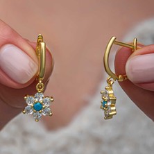 Derin Stok Gümüş Taşlı Gold Çiçek Kadın Küpe