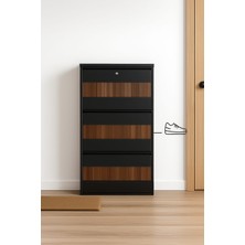 Moemi 3'lü Antrasit Metal Ayakkabılık Ahşap Ceviz Kaplamalı ( Kilitli )