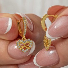 Derin Stok Gümüş Gold Kalp Kurdele Sallantılı Kadın Küpe