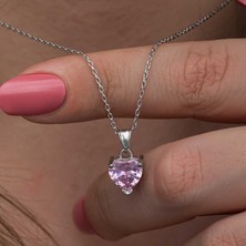 Derin Stok Gümüş Pembe Taşlı Kalpli Kadın Kolye