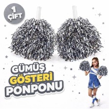 Derin Stok 1 Çift ( 2 Adet ) Gümüş Renk 23 Nisan 19 Mayıs 29 Ekim Okul Gösteri Ponponları Ekstra Dolgun