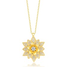 Derin Stok 925 Ayar Gümüş Gold Beyaz Taşlı Lotus Çiçeği Kadın Kolye