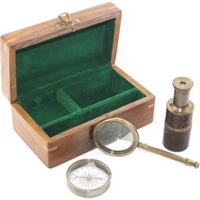 Derin Stok Ahşap Kutu Pirinç Pusula Dürbün Büyüteç Seti
